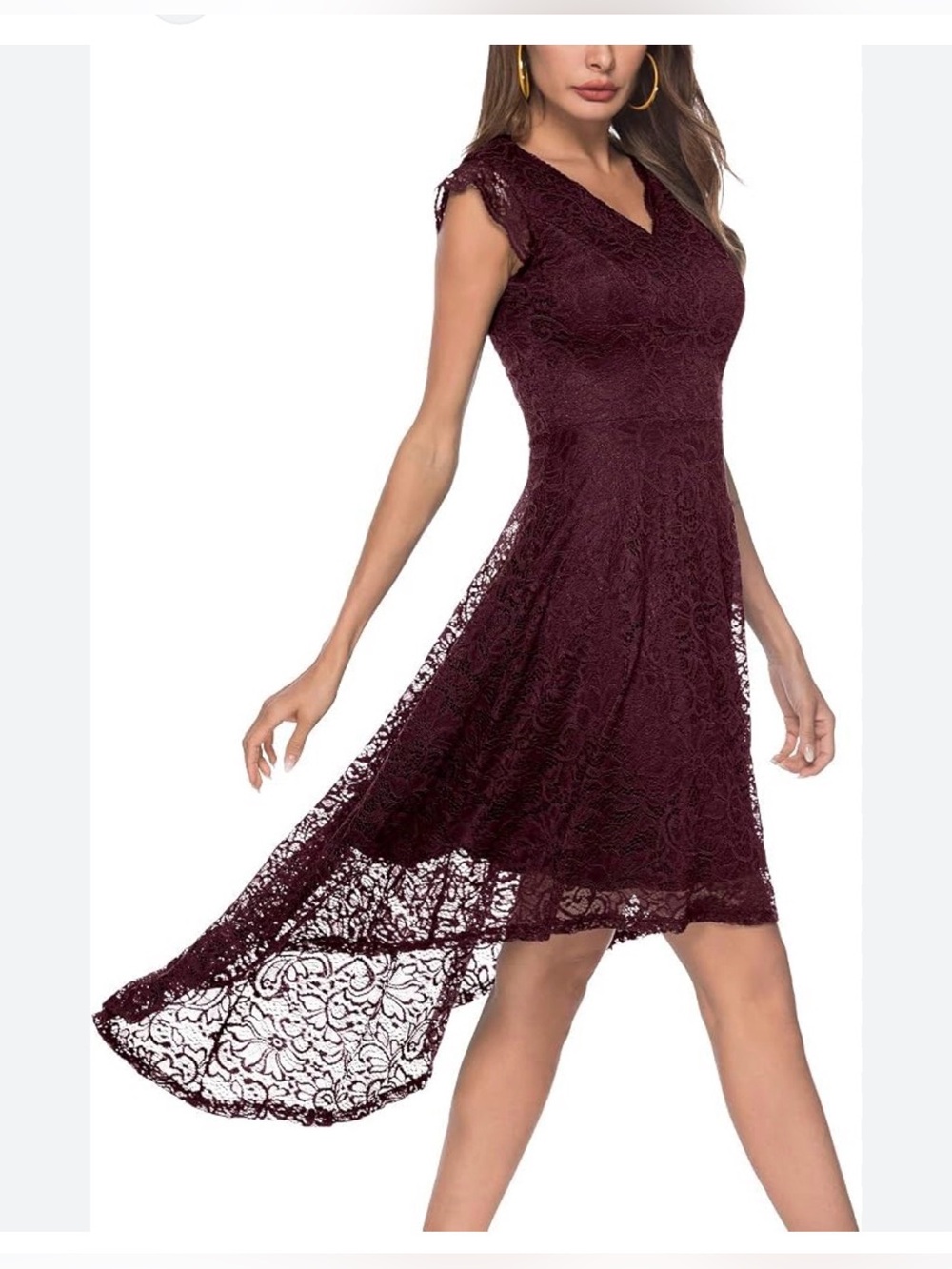 Cap-Sleeve Lace High-Low Dress in Burgundy